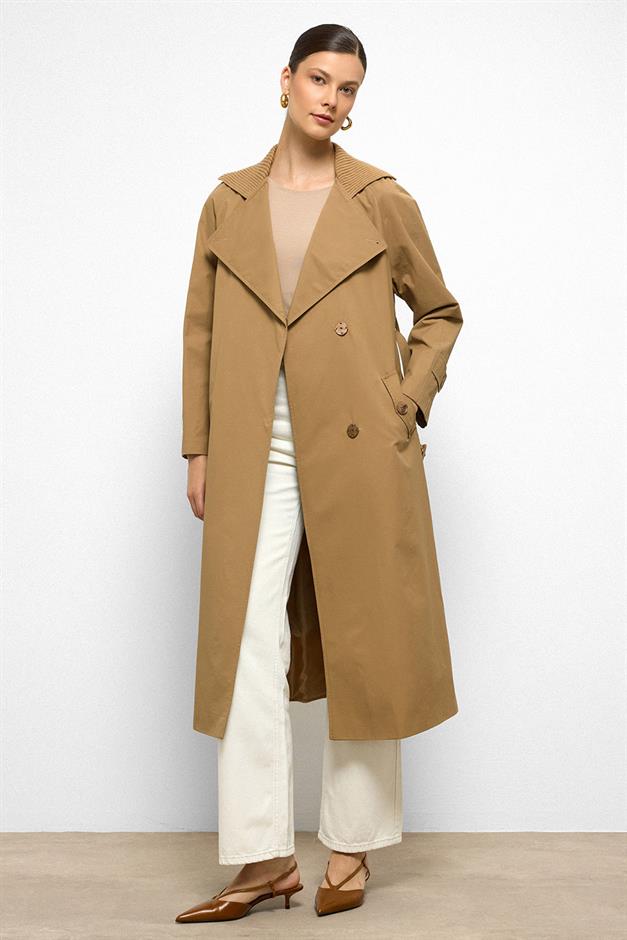 معطف ترنش مقاوم للماء بأكمام راجلان وياقة مضلعة كامل 6758