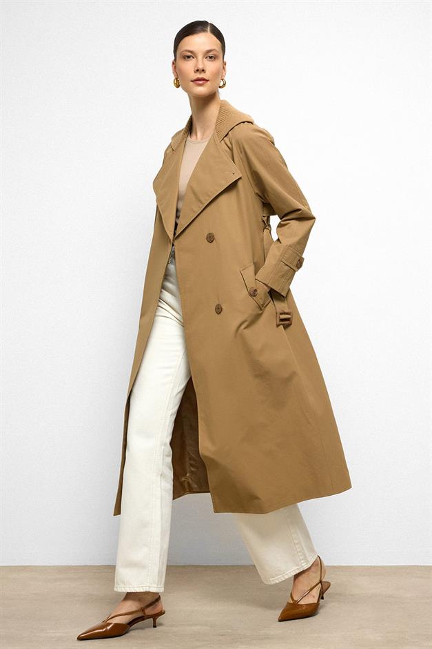 معطف ترنش مقاوم للماء بأكمام راجلان وياقة مضلعة كامل 6758