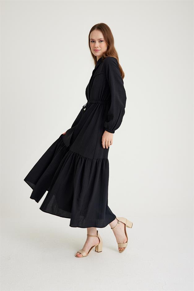 Long Dress with Pleated Waist and Scallop Detail BLACK 9494-E