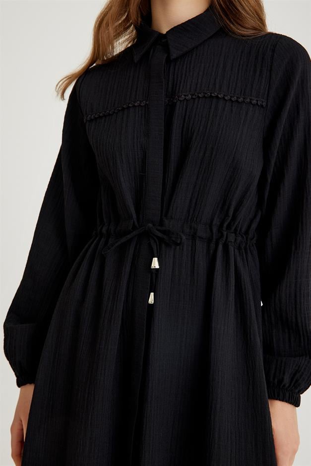 Long Dress with Pleated Waist and Scallop Detail BLACK 9494-E