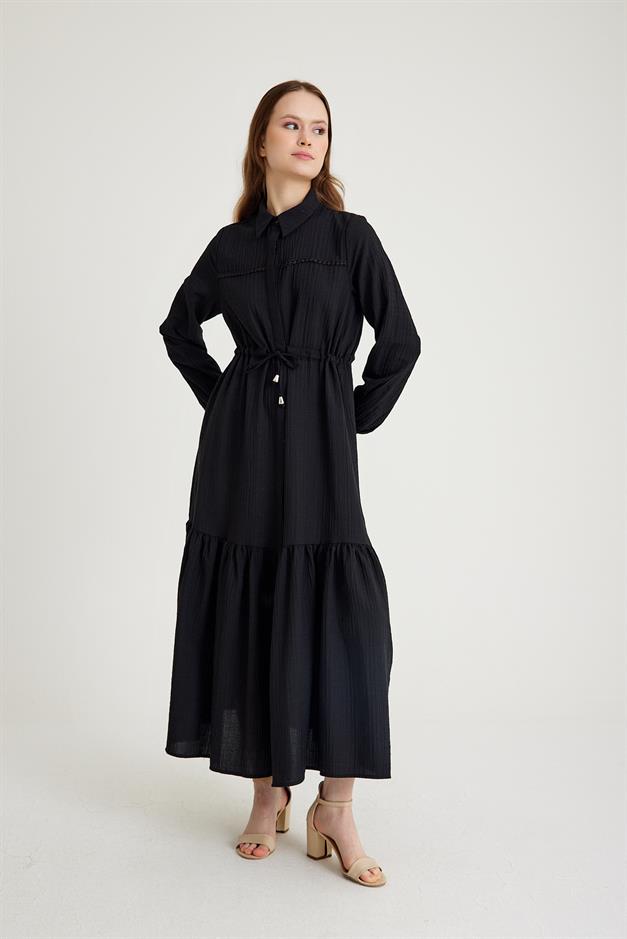 Long Dress with Pleated Waist and Scallop Detail BLACK 9494-E