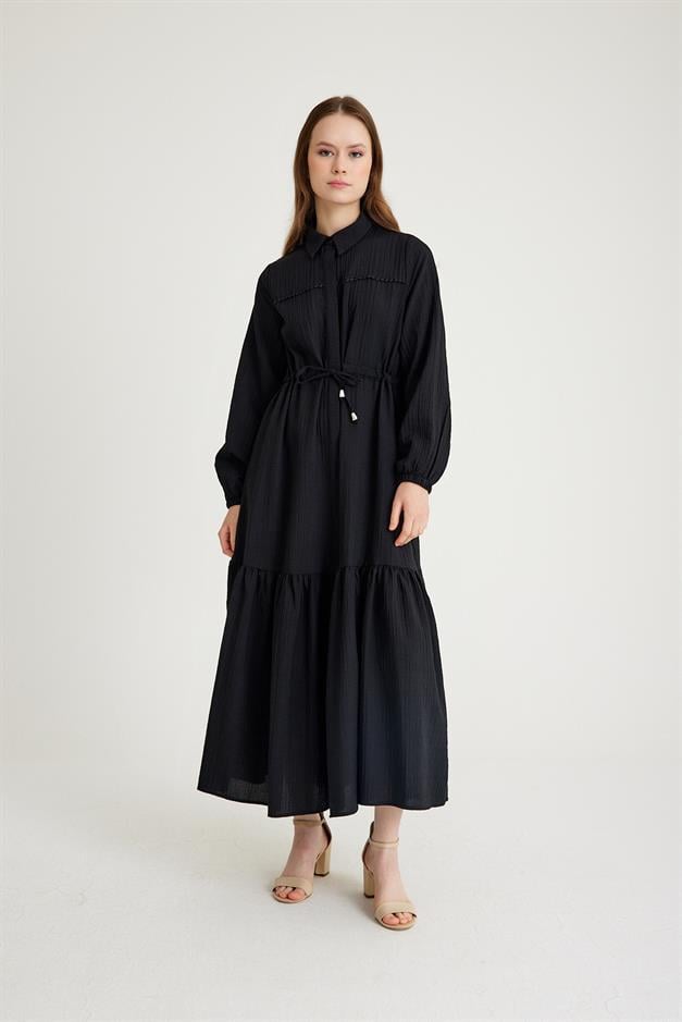 Long Dress with Pleated Waist and Scallop Detail BLACK 9494-E