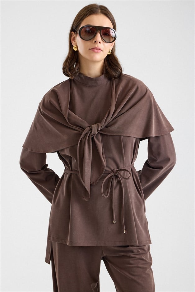Şal Aksesuarlı Premium Kumaş Tunik Pantolon KAHVE 9470-TK