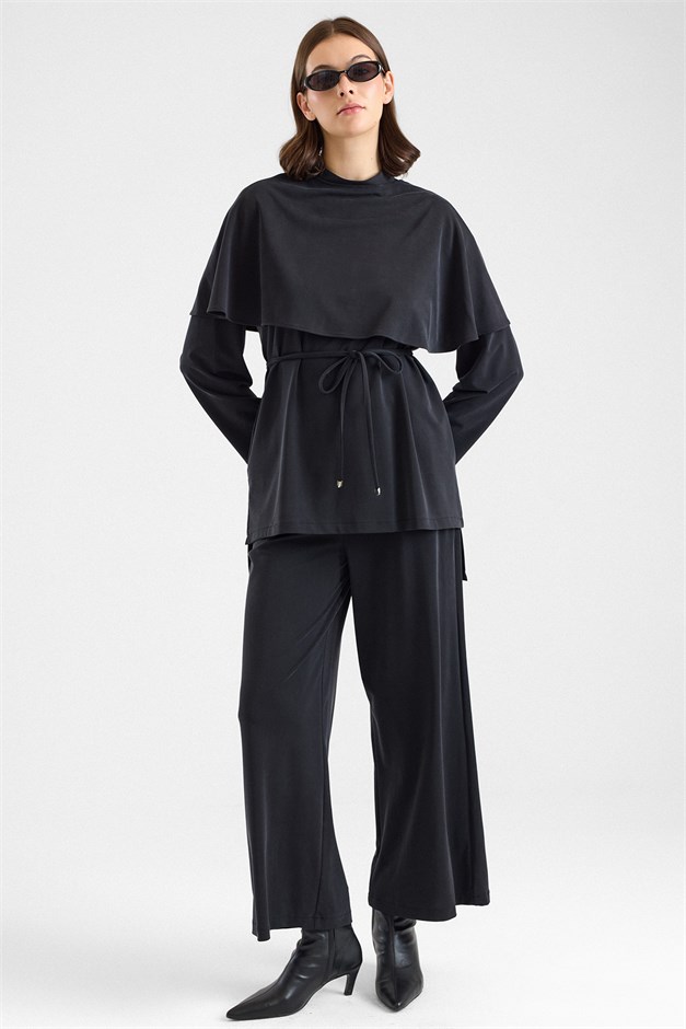Şal Aksesuarlı Premium Kumaş Tunik Pantolon SİYAH 9470-TK