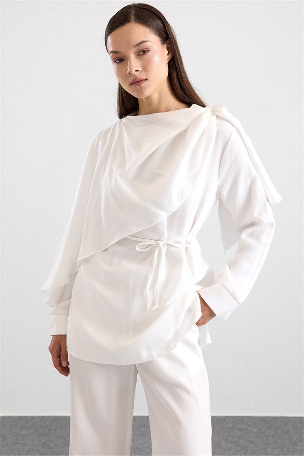 Şal Detaylı Bluz Pantolon Takım EKRU 9484-TK