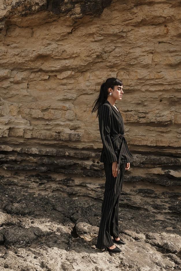 Shawl Collar Striped Patterned Jacket and Trouser Set BLACK 9259-TK