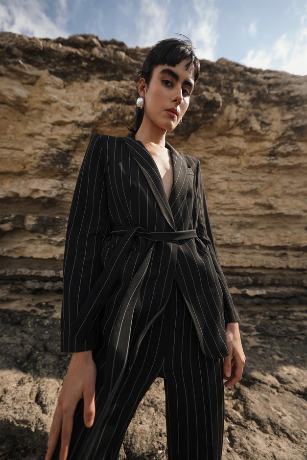 Shawl Collar Striped Patterned Jacket and Trouser Set BLACK 9259-TK