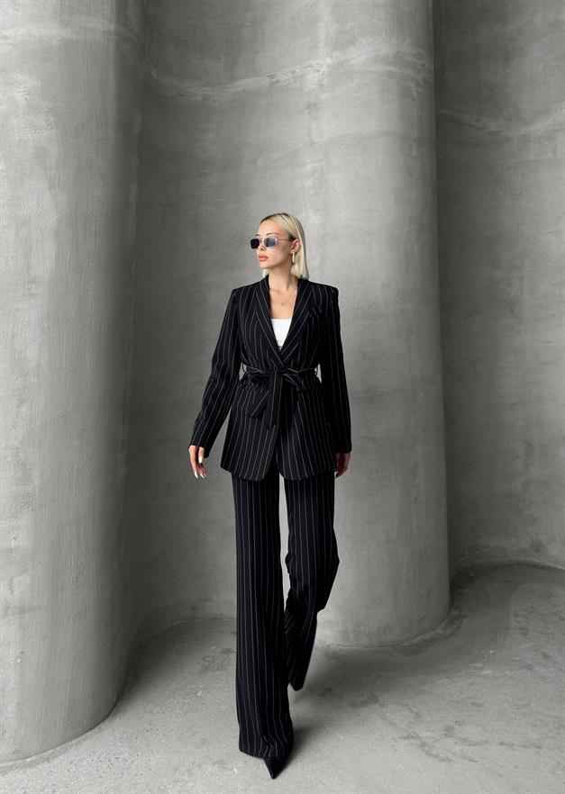 Shawl Collar Striped Patterned Jacket and Trouser Set BLACK 9259-TK