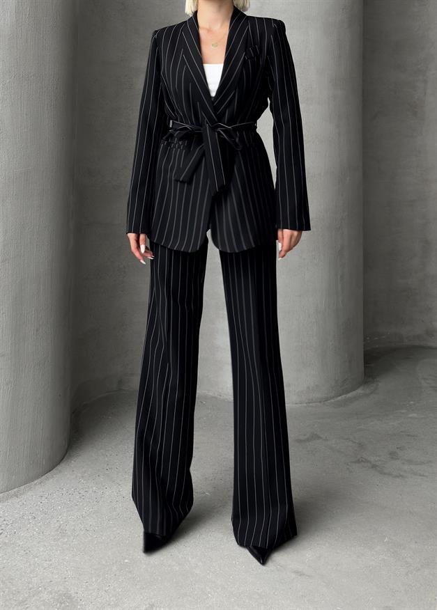 Shawl Collar Striped Patterned Jacket and Trouser Set BLACK 9259-TK