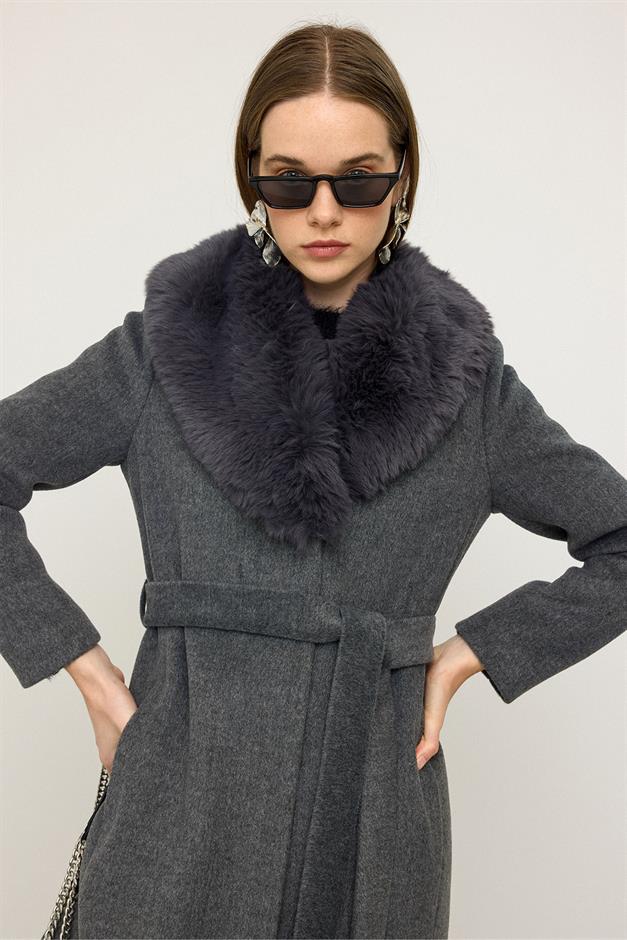 معطف فرو بياقة شال ومربوط حول الخصر رمادي غامق 3093