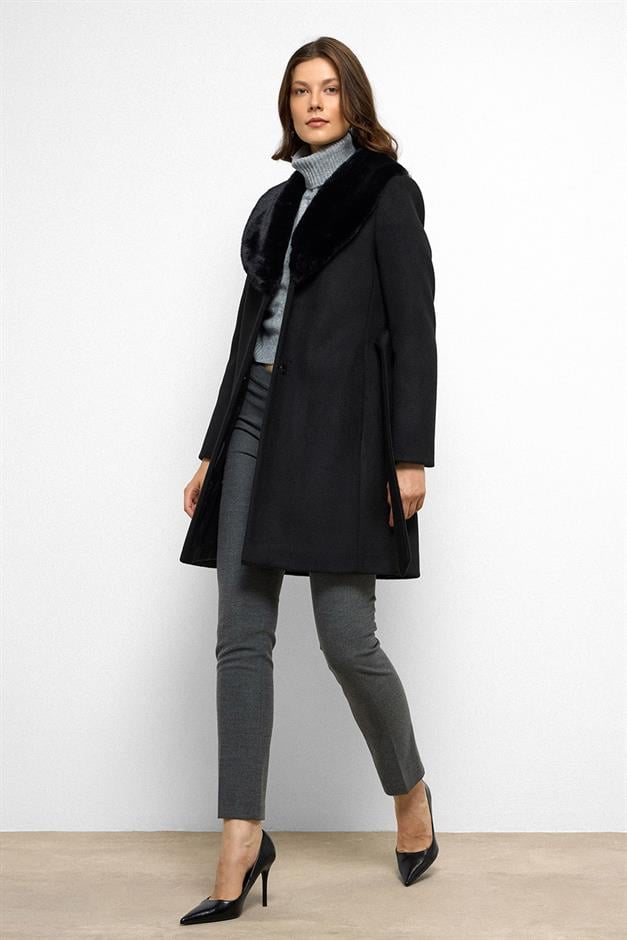 معطف فرو بياقة شال ومربوط حول الخصر أسود 3093