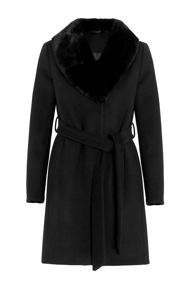 معطف فرو بياقة شال ومربوط حول الخصر أسود 3093