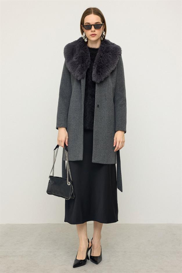 معطف فرو بياقة شال ومربوط حول الخصر رمادي غامق 3093