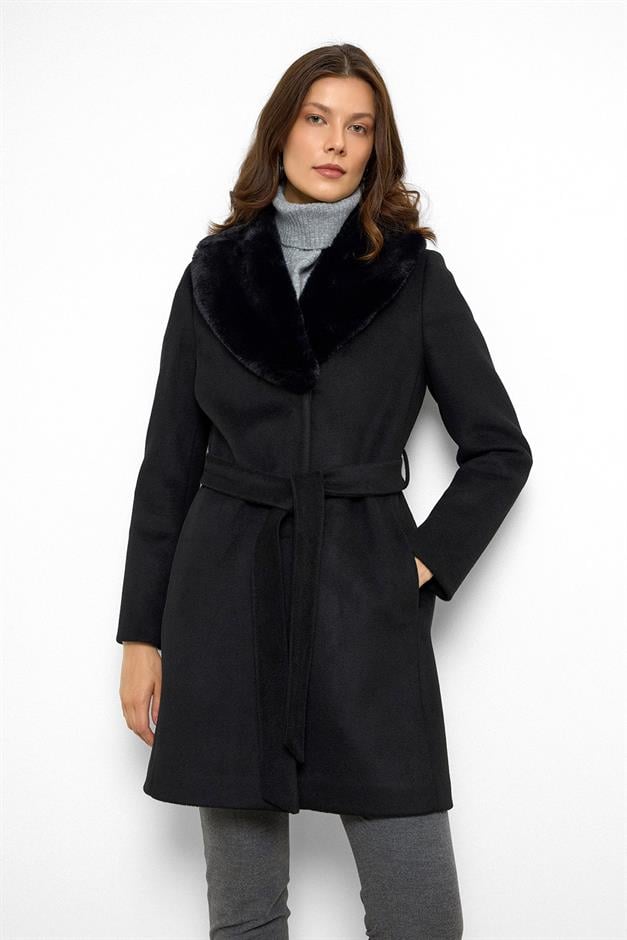 معطف فرو بياقة شال ومربوط حول الخصر أسود 3093