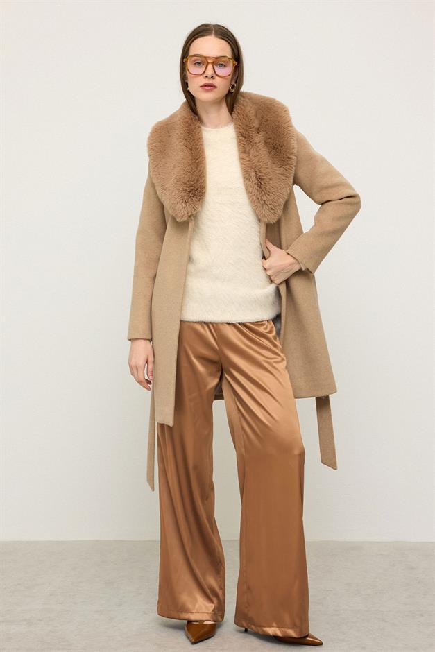 معطف فرو بياقة شال ومربوط حول الخصر أ.كامل 3093