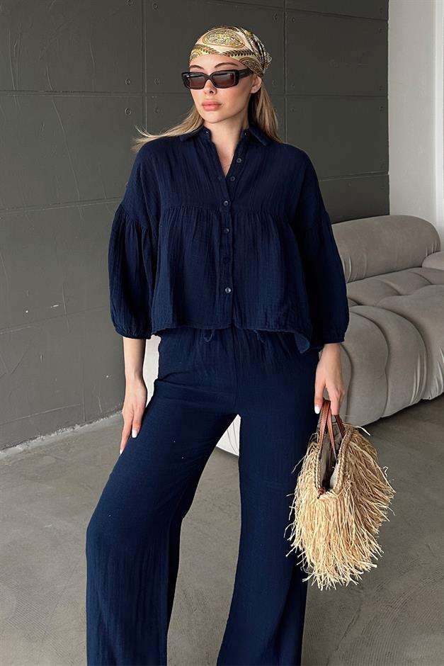 Casual Short Shirt and Two-Piece Muslin Suit NAVY 9355-TK