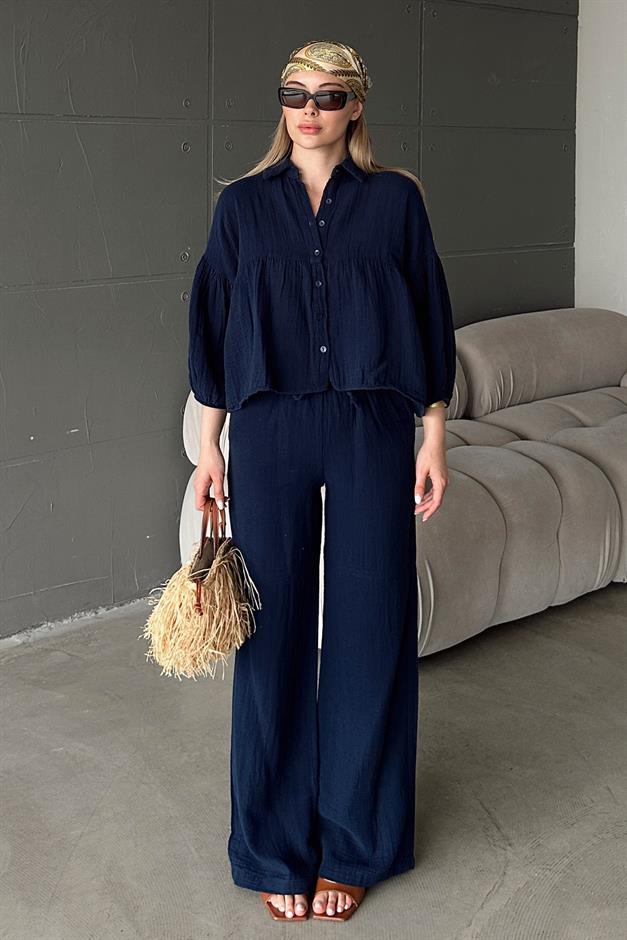 Casual Short Shirt and Two-Piece Muslin Suit NAVY 9355-TK