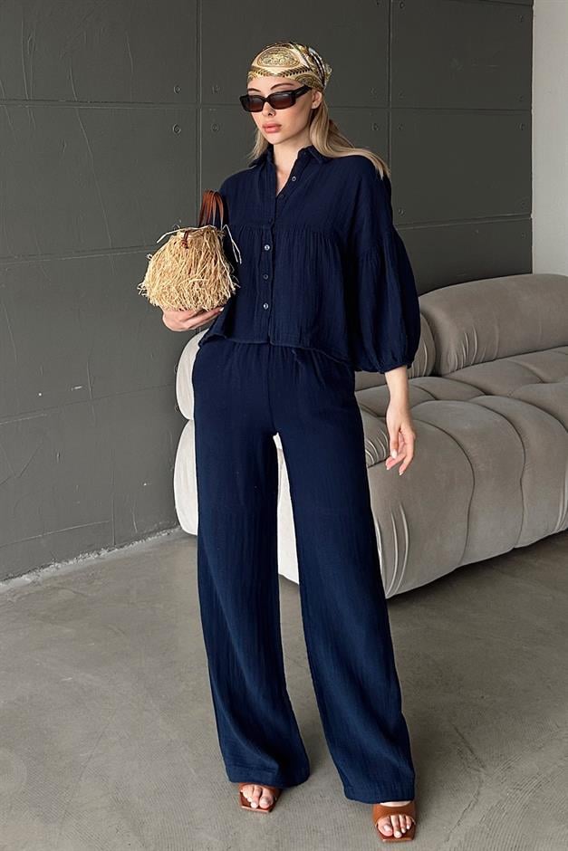 Casual Short Shirt and Two-Piece Muslin Suit NAVY 9355-TK