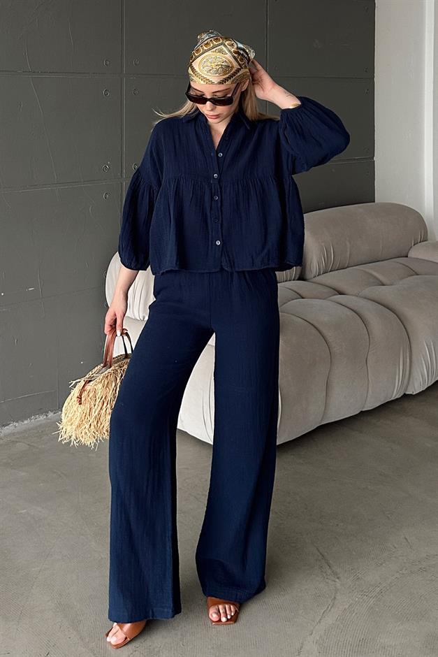 Casual Short Shirt and Two-Piece Muslin Suit NAVY 9355-TK