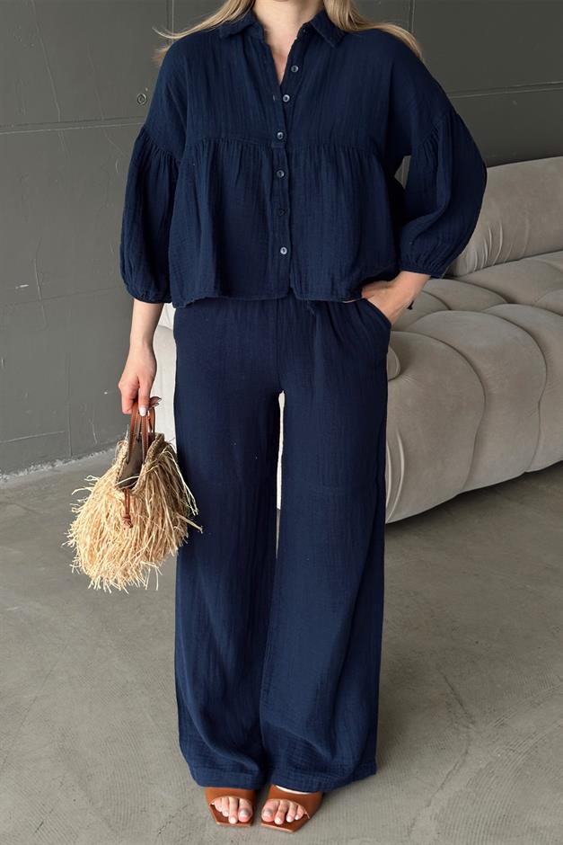 Casual Short Shirt and Two-Piece Muslin Suit NAVY 9355-TK