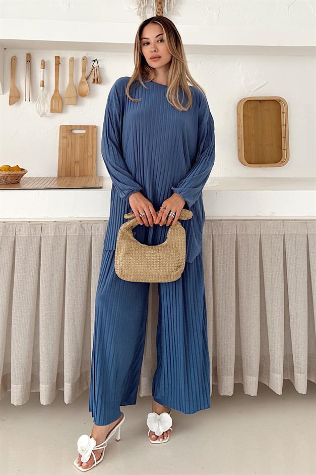 Sandy Fabric Pleated Tunic Trousers Two Piece Set BLUE 9361-TK