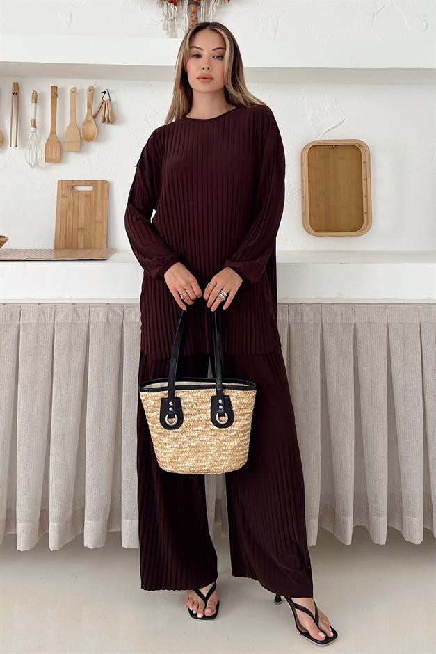 Sandy Fabric Pleated Tunic Trousers Two Piece Set COFFEE 9361-TK