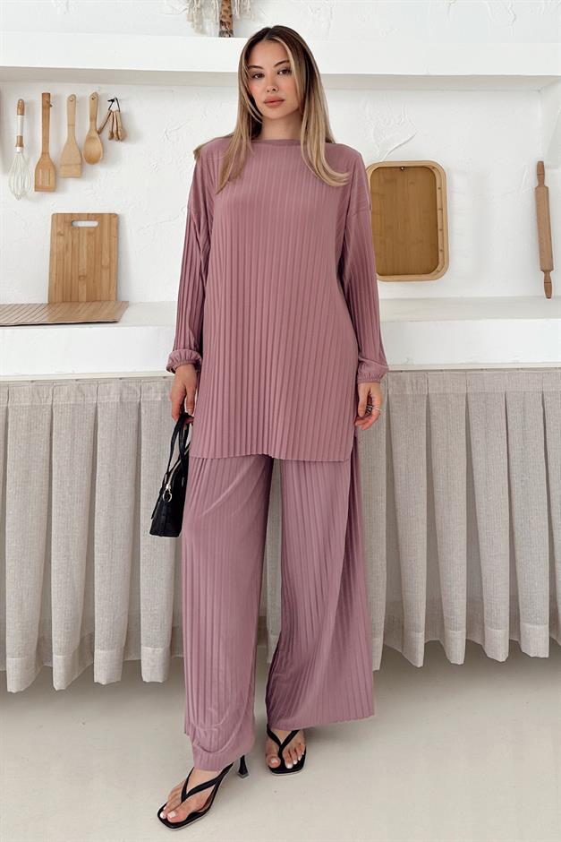 Sandy Fabric Pleated Tunic Trousers Two Piece Set POWDER 9361-TK
