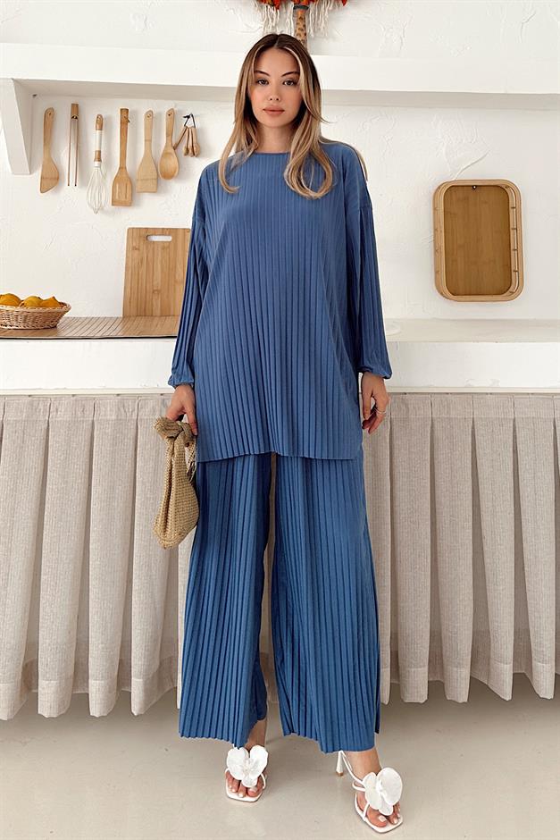 Sandy Fabric Pleated Tunic Trousers Two Piece Set BLUE 9361-TK