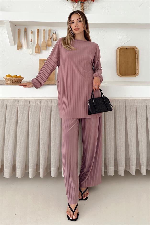 Sandy Fabric Pleated Tunic Trousers Two Piece Set POWDER 9361-TK