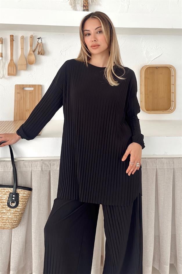 Sandy Kumaş Pliseli Tunik Pantolon İkili Takım SİYAH 9361-TK