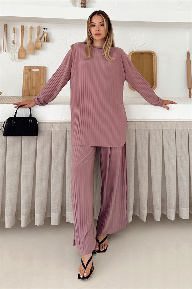 Sandy Fabric Pleated Tunic Trousers Two Piece Set POWDER 9361-TK