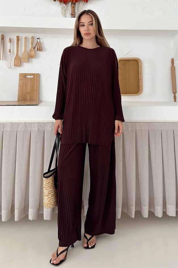 Sandy Fabric Pleated Tunic Trousers Two Piece Set COFFEE 9361-TK