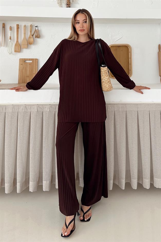 Sandy Fabric Pleated Tunic Trousers Two Piece Set COFFEE 9361-TK