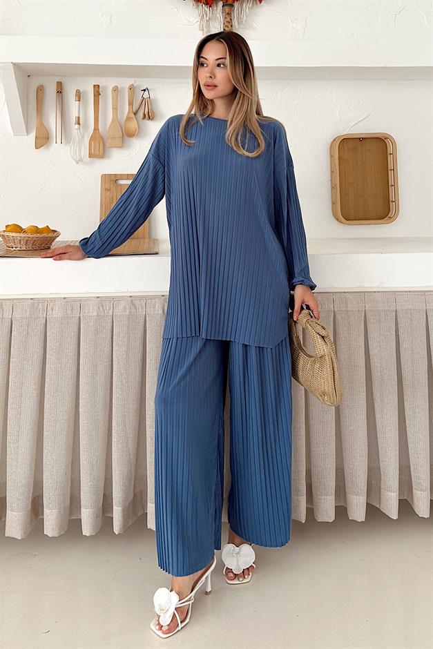 Sandy Fabric Pleated Tunic Trousers Two Piece Set BLUE 9361-TK