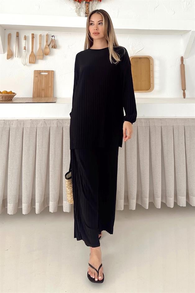 Sandy Kumaş Pliseli Tunik Pantolon İkili Takım SİYAH 9361-TK