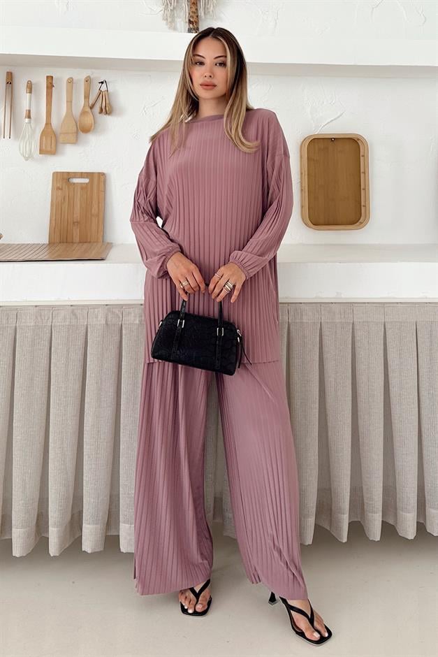 Sandy Fabric Pleated Tunic Trousers Two Piece Set POWDER 9361-TK