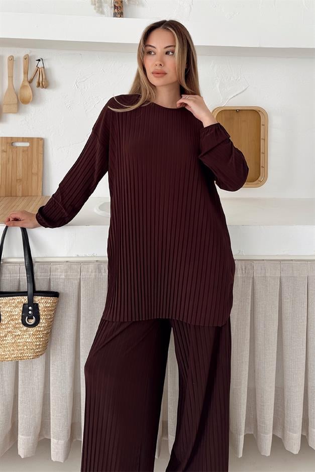 Sandy Fabric Pleated Tunic Trousers Two Piece Set COFFEE 9361-TK