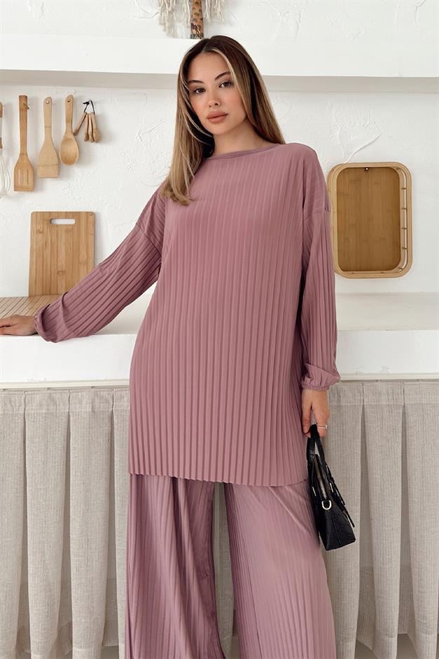 Sandy Fabric Pleated Tunic Trousers Two Piece Set POWDER 9361-TK