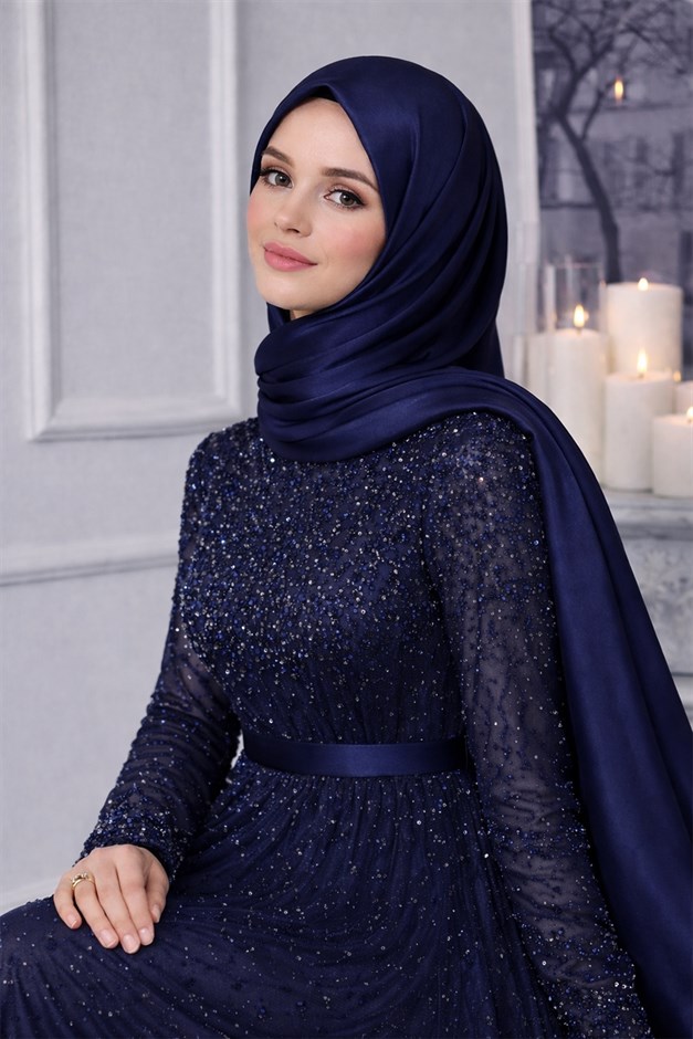 Saten Dokulu Janjanlı Abiye Şal K. İNDİGO 102