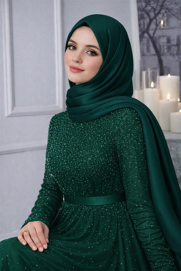 Saten Dokulu Janjanlı Abiye Şal YEŞİL 102