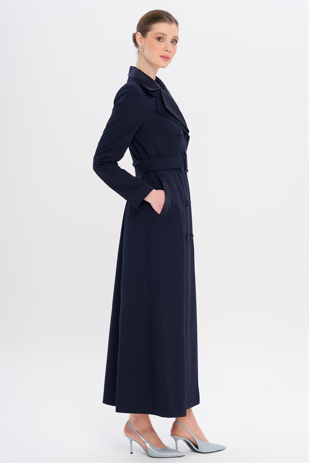 Saten Garnili Çift Yaka Astarlı Pardesü LACİVERT 6752