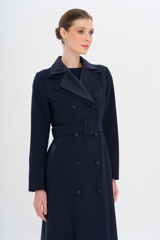 Saten Garnili Çift Yaka Astarlı Pardesü LACİVERT 6752