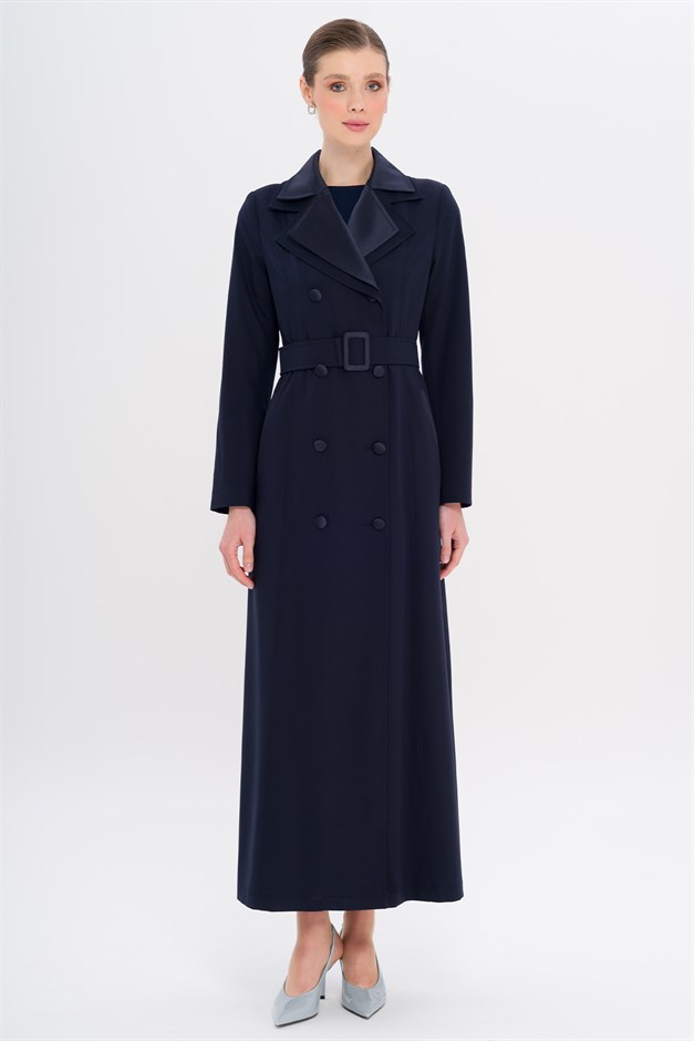 Saten Garnili Çift Yaka Astarlı Pardesü LACİVERT 6752