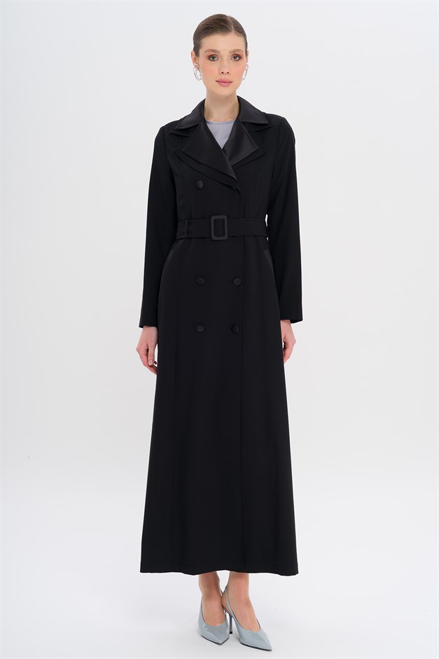 Saten Garnili Çift Yaka Astarlı Pardesü SİYAH 6752