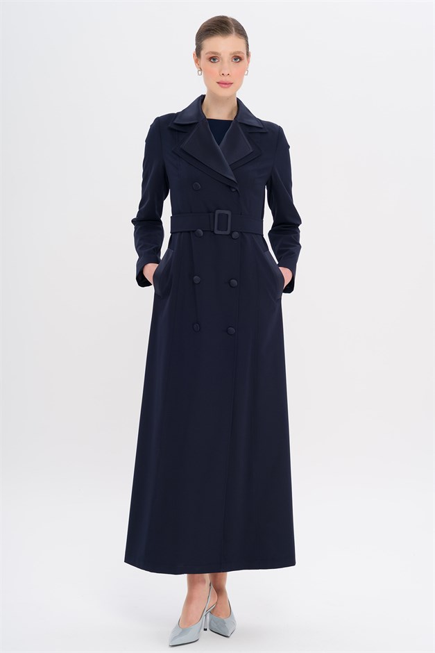 Saten Garnili Çift Yaka Astarlı Pardesü LACİVERT 6752