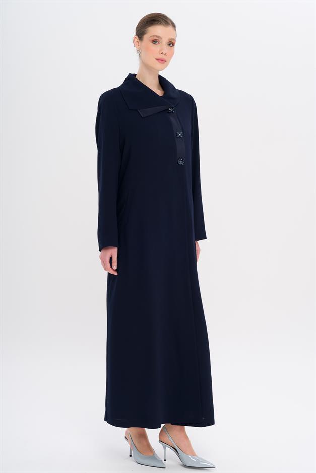 Saten Garnili Düğmeleri Taşlı Astarlı Büyük Beden Pardesü LACİVERT 6719