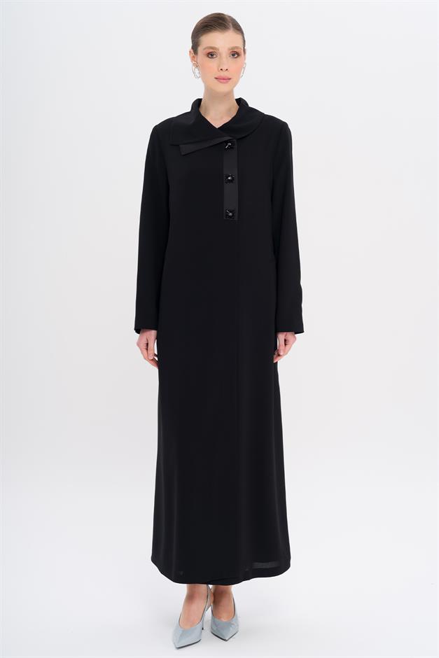 Saten Garnili Düğmeleri Taşlı Astarlı Büyük Beden Pardesü SİYAH 6719