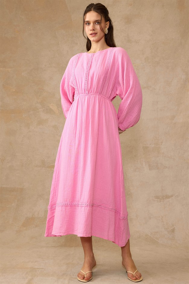 Şerit Detaylı Beli Lastikli Müslin Elbise PEMBE 9453-E