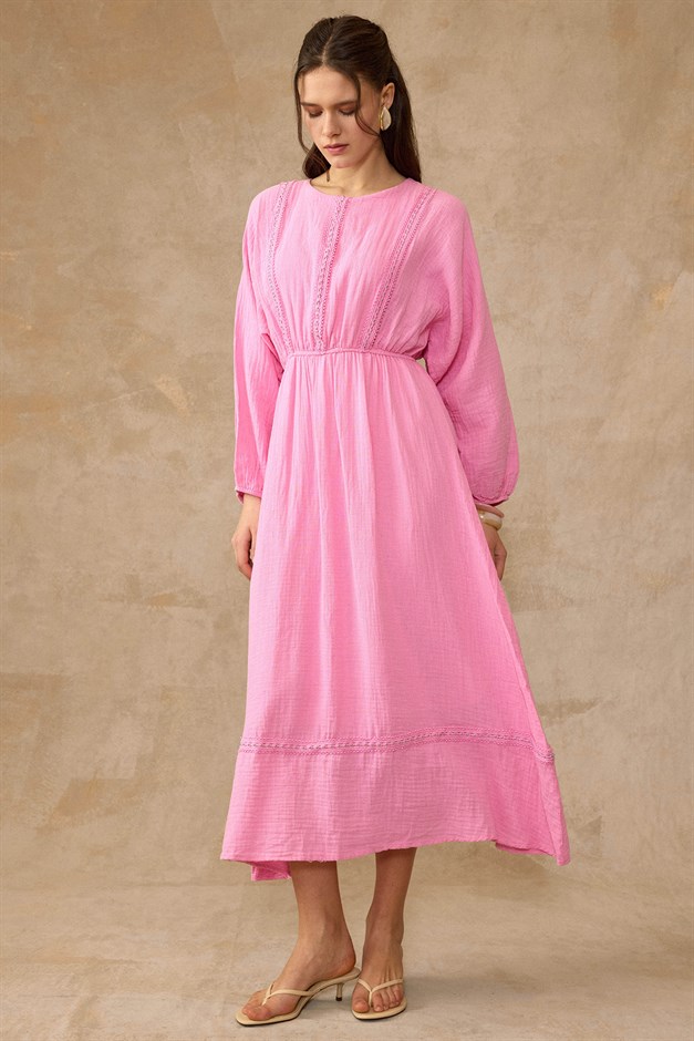 Şerit Detaylı Beli Lastikli Müslin Elbise PEMBE 9453-E