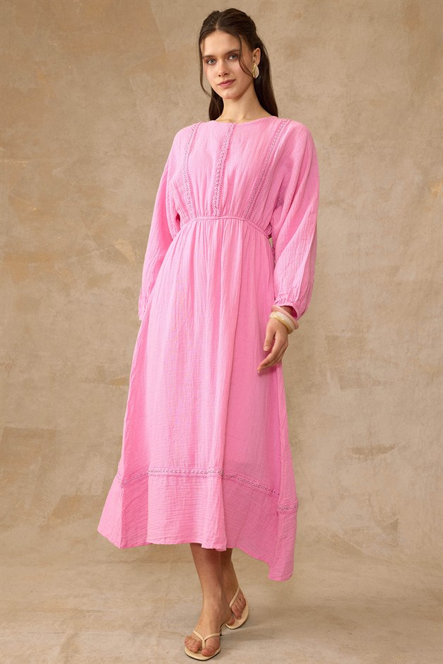 Şerit Detaylı Beli Lastikli Müslin Elbise PEMBE 9453-E